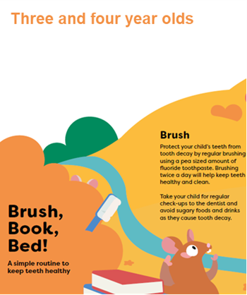 An animated image of a mouse, books and toothbrush on the Brush, Book, Bed leaflet for three and four year olds
