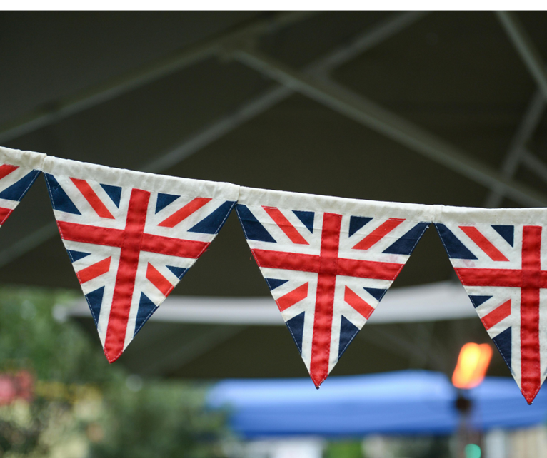 image shows union jack bunting hung up