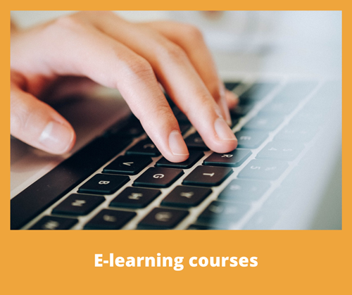 A close up of a hand resting on the keyboard of a laptop with the title e-learning courses