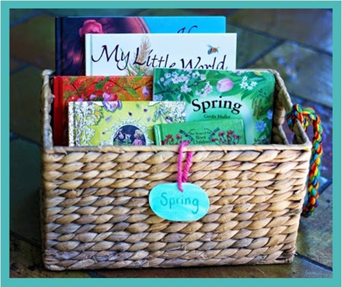 Books displayed in a small basket