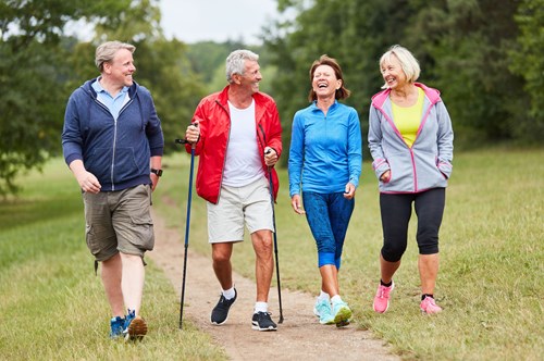 a group of middle aged adults walking together in the countryside